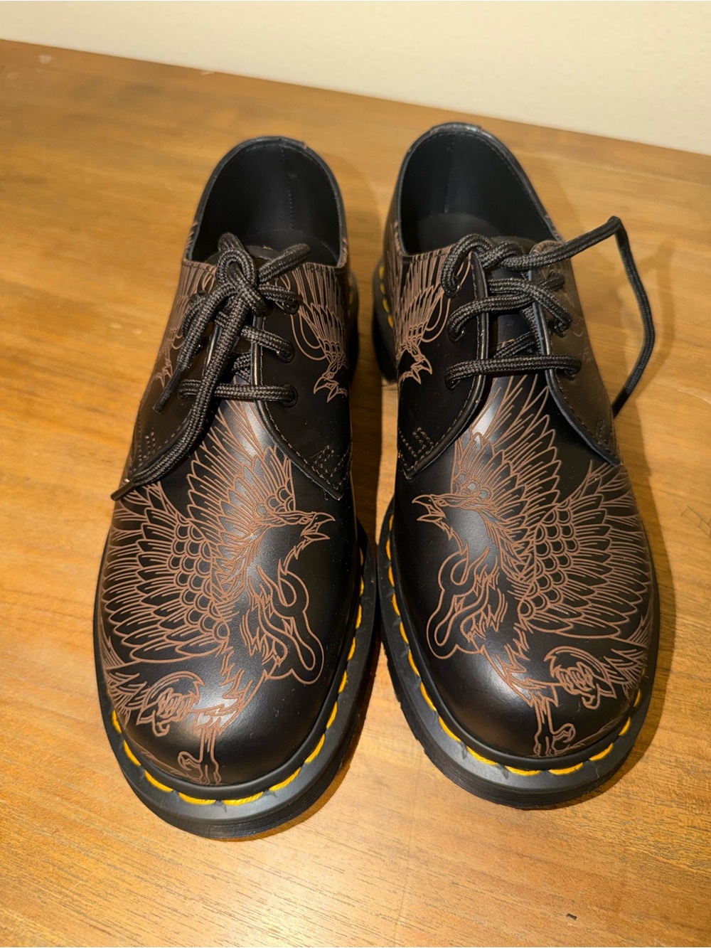 Dr. Martens Black Leather Oxfords with Bronze Eagle Graphic